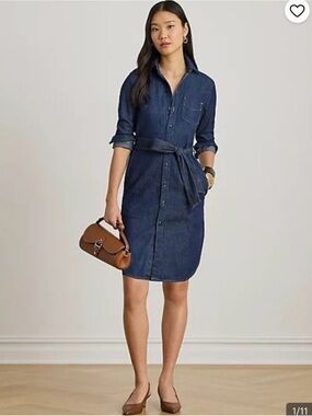 100% cotton.  Lauren Ralph Lauren Indigo Denim Shirt Dress with Tie Belt
